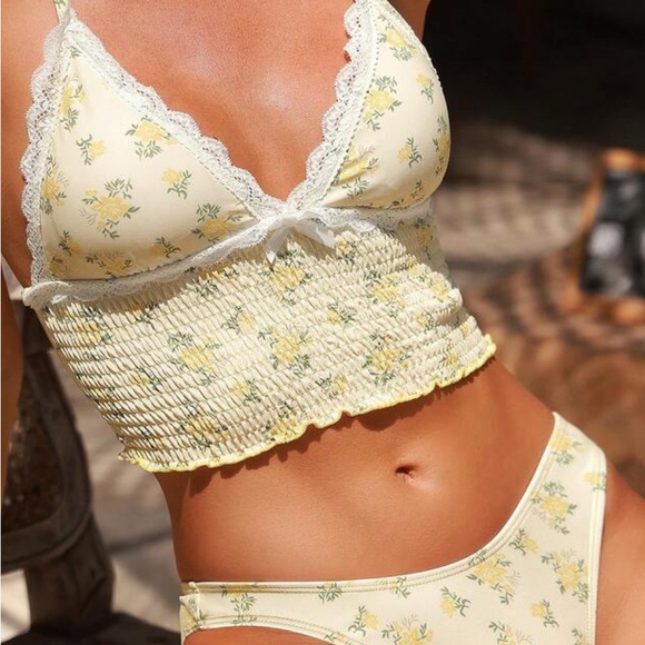Other - Yellow Floral Lace Trim Bralette Swim Suit Set in Pale Yellow two piece sexy
